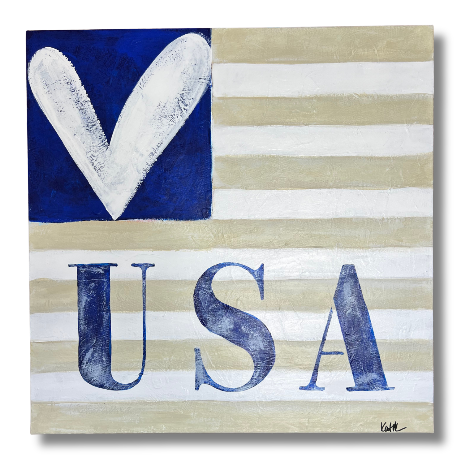 Painting of a heart on blue, white, and beige stripes with 'USA' text.