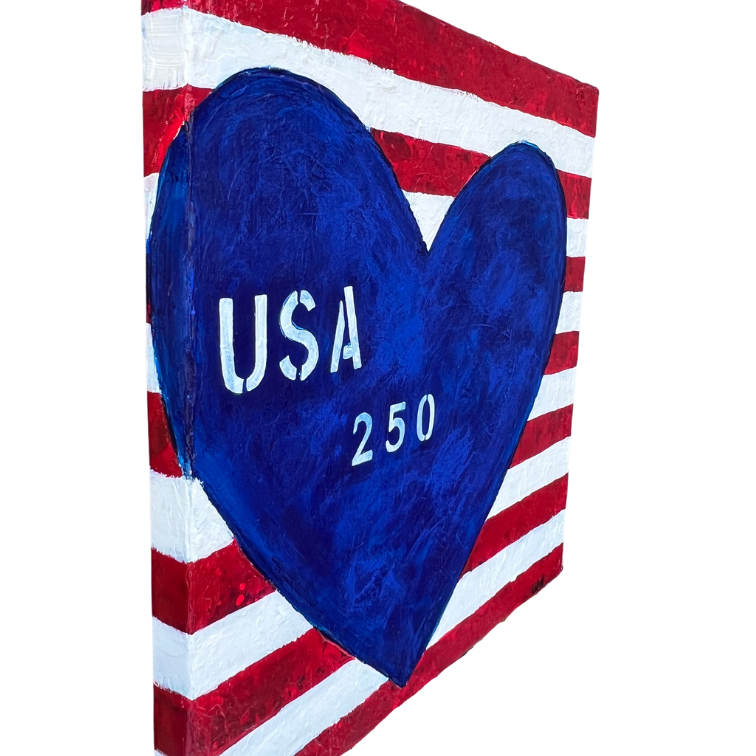 Decorative wall art with red, white, and blue colors featuring a heart and 'USA 250' text on a white background.