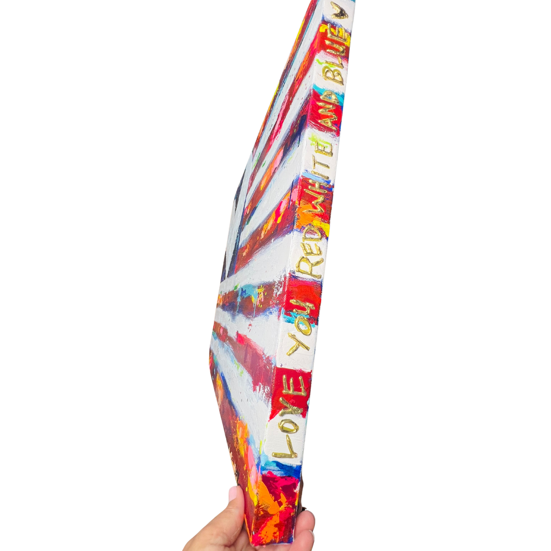 Colorful surfboard with text held by a hand on a white background