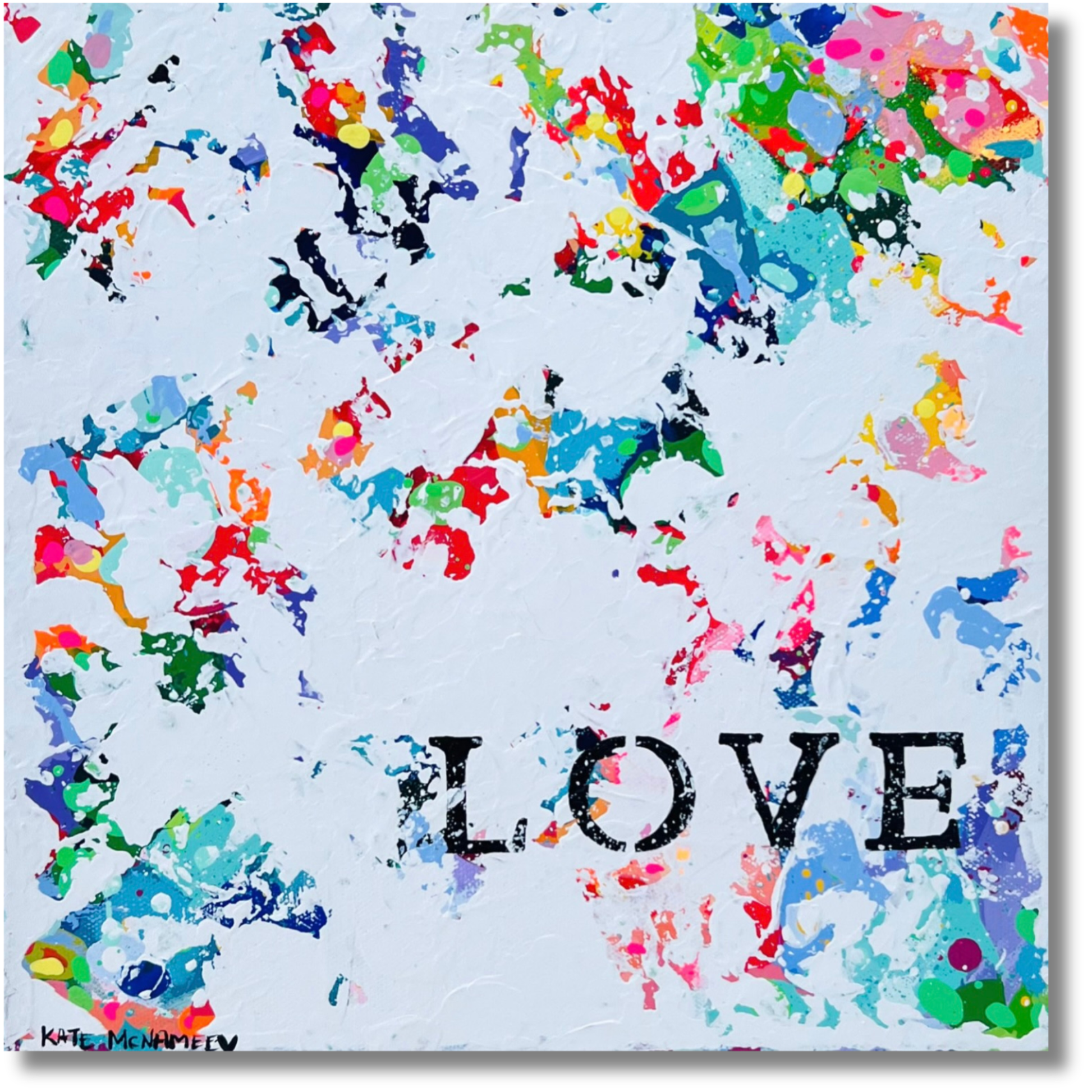 Colorful abstract painting with the word 'LOVE' in the center on a white background