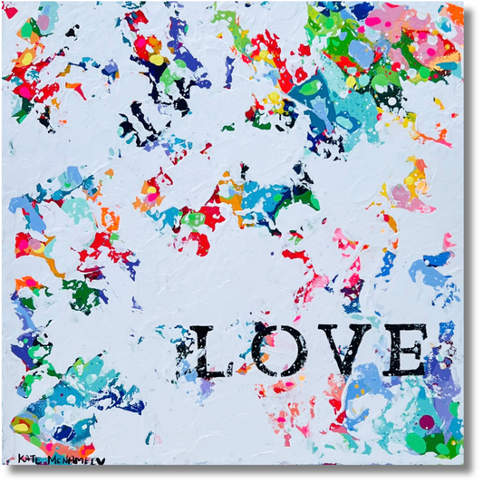 Colorful abstract painting with the word 'LOVE' in the center on a white background