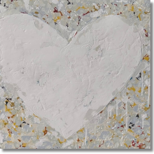Heart-shaped artwork with textured surface and multicolored speckles on a gray background