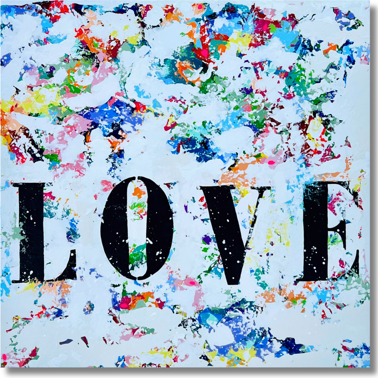 Colorful abstract design with the word 'LOVE' on a light blue background