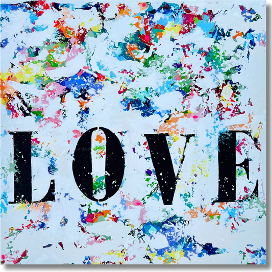 Colorful abstract design with the word 'LOVE' on a light blue background