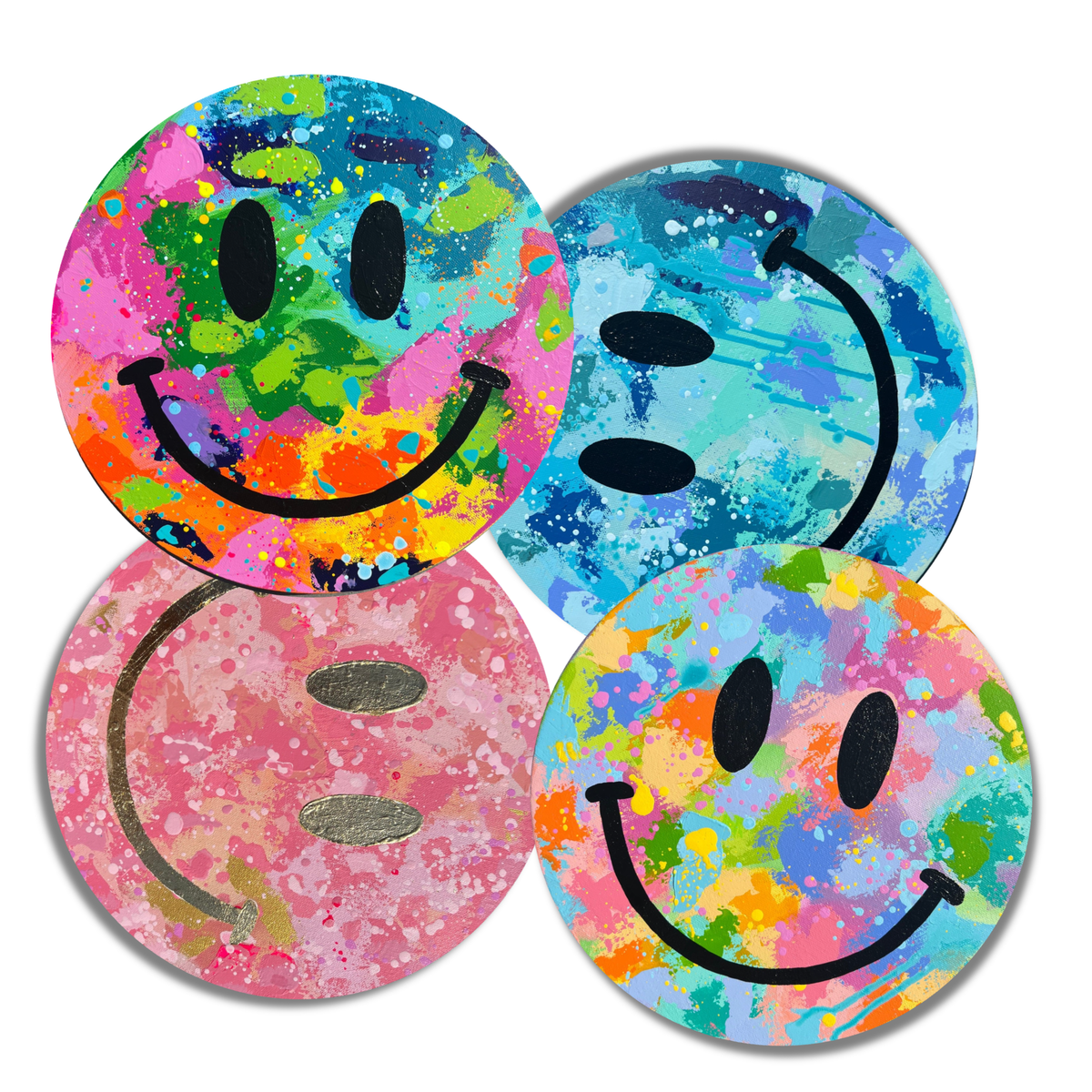 Four original 12-inch round smiley face paintings from the Happy Looks Good On You collection, featuring layered colorful acrylic paint, playful marks and splatters.