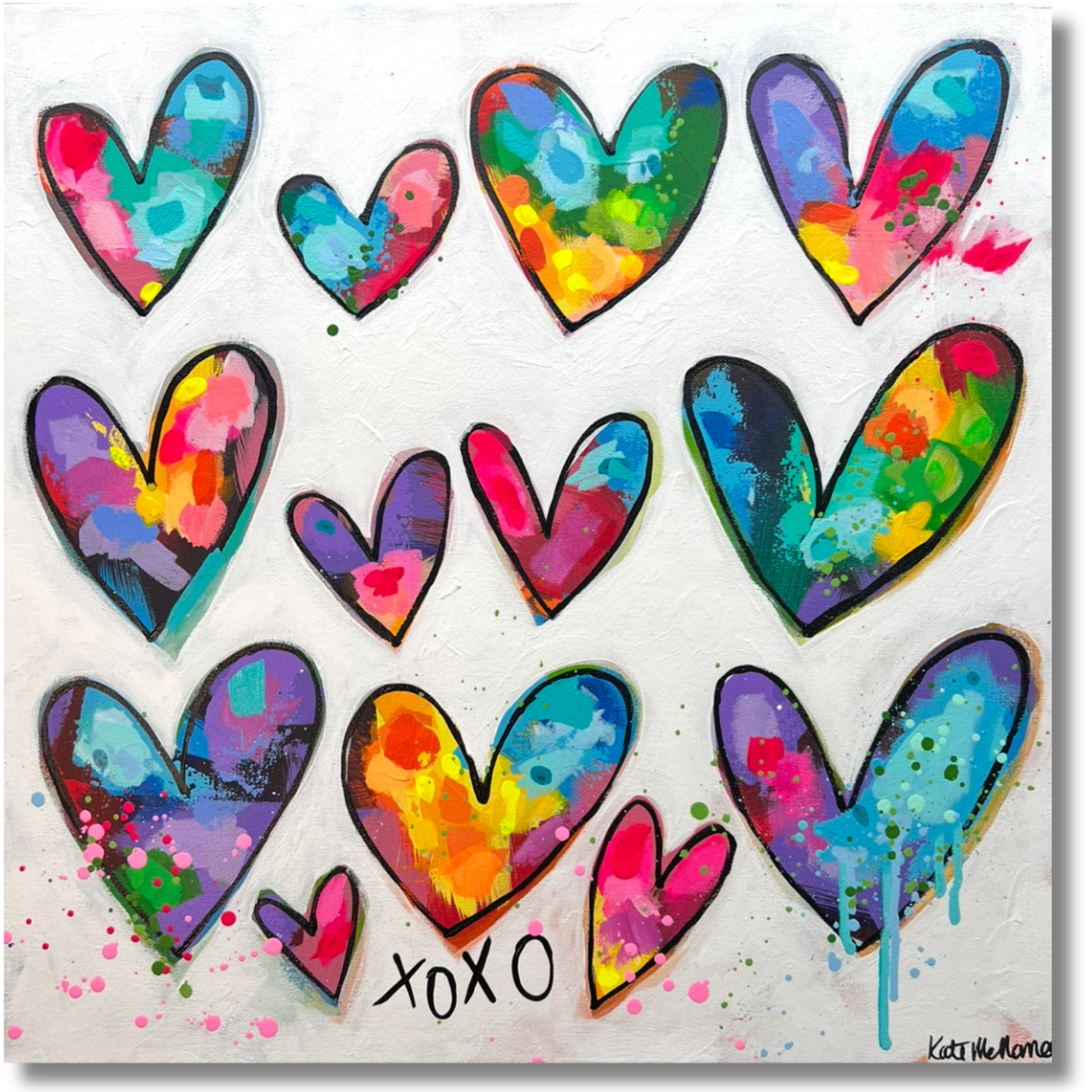 Colorful heart-shaped artwork with 'XOXO' and a signature on a white background