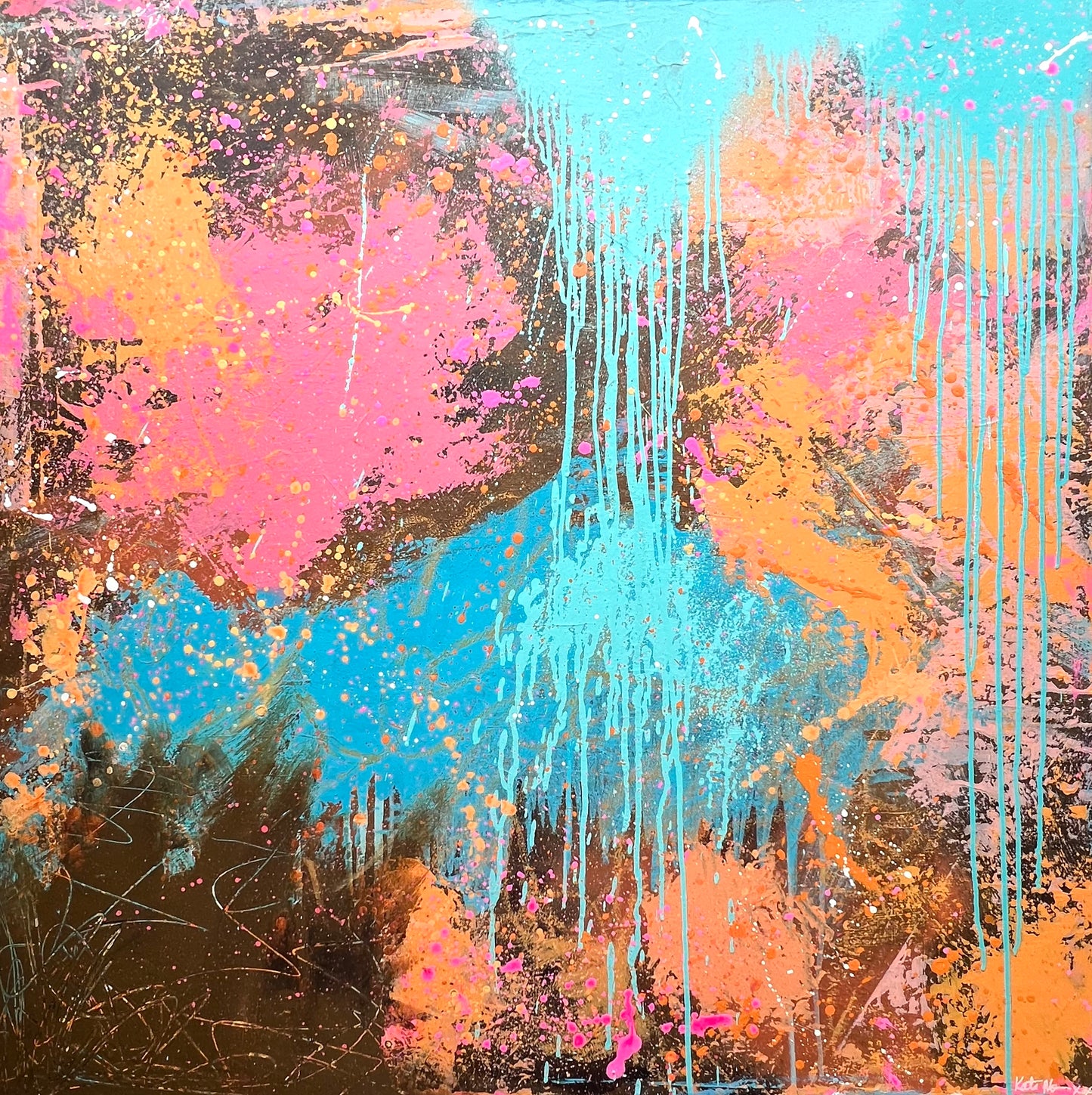 Abstract art with splashes of pink, blue, and orange on a textured background