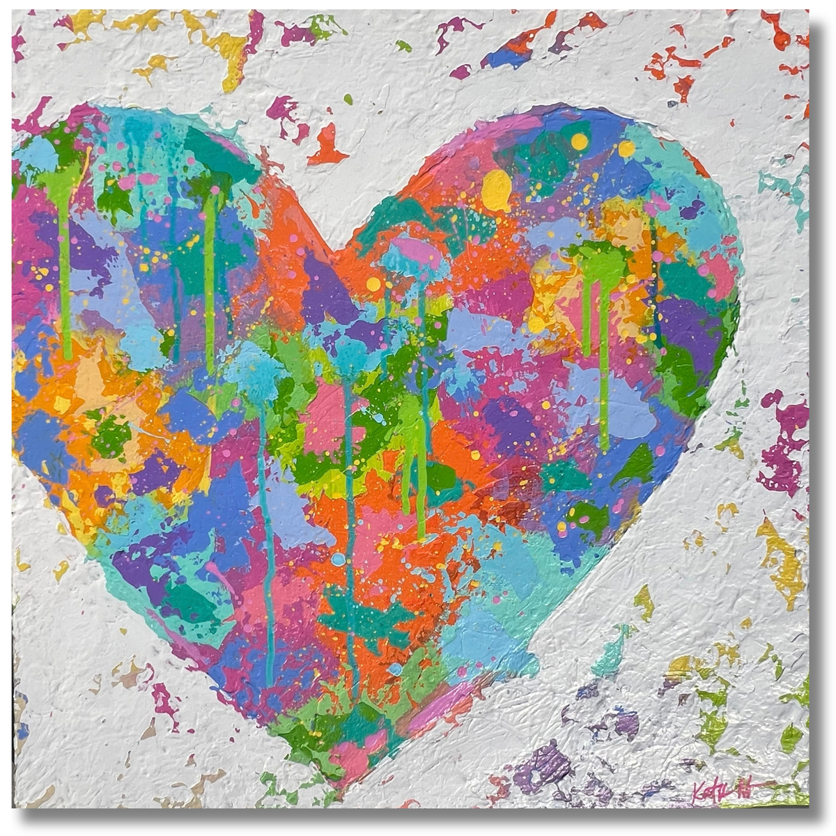 A square canvas art print featuring a large, vibrant, multicolored heart with dripping paint effects on a textured white background.